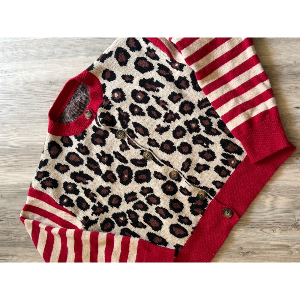 Leopard and Striped Mixed Print Button Front Cardigan Sweater Red Cream Large